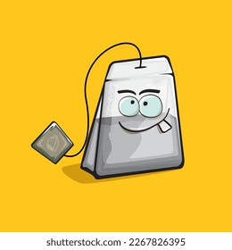 Tea bag character. Cartoon tea bag isolated on orange background. Funky paper tea bag character with eyes and mouth. Vector white teabag clip art, emoji, label and sticker