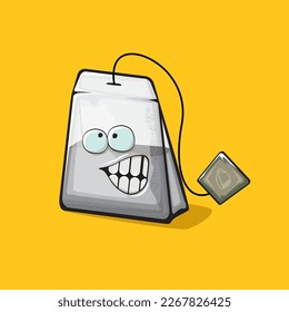 Tea bag character. Cartoon tea bag isolated on orange background. Funky paper tea bag character with eyes and mouth. Vector white teabag clip art, emoji, label and sticker