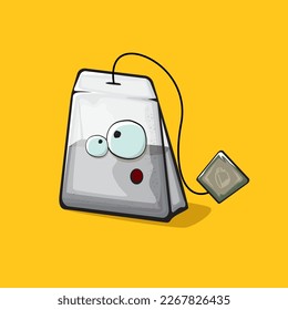 Tea bag character. Cartoon tea bag isolated on orange background. Funky paper tea bag character with eyes and mouth. Vector white teabag clip art, emoji, label and sticker
