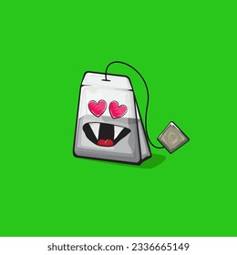 Tea bag character. Cartoon tea bag isolated on green background. Funky paper tea bag character with eyes and mouth. Vector white teabag clip art, emoji, label and sticker