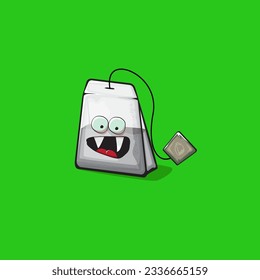 Carácter de bolso de té. Bolsa de té de dibujos animados aislada en un fondo verde. Carácter de bolso de té de papel funky con ojos y boca. Pintura de clip de teabag blanco vectorial, emoticono, etiqueta y pegatina