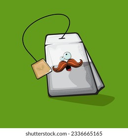 Tea bag character. Cartoon tea bag isolated on green background. Funky paper tea bag character with eyes and mouth. Vector white teabag clip art, emoji, label and sticker