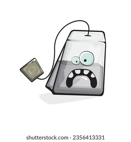 Tea bag character. Cartoon tea bag isolated on white background. Funky paper tea bag character with eyes and mouth. Vector white teabag clip art, emoji, label and sticker