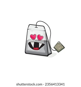 Tea bag character. Cartoon tea bag isolated on white background. Funky paper tea bag character with eyes and mouth. Vector white teabag clip art, emoji, label and sticker