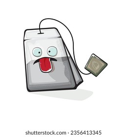 Tea bag character. Cartoon tea bag isolated on white background. Funky paper tea bag character with eyes and mouth. Vector white teabag clip art, emoji, label and sticker