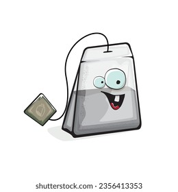 Tea bag character. Cartoon tea bag isolated on white background. Funky paper tea bag character with eyes and mouth. Vector white teabag clip art, emoji, label and sticker