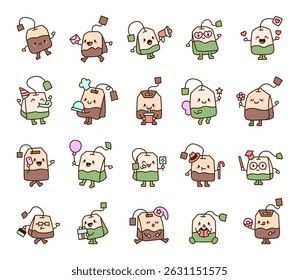 Tea bag character set presenting smiling, holding envelope, celebrating birthday wearing party hat, drinking beverage, using smartphone, carrying balloon, eating donut reading book