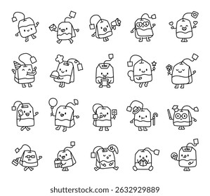Tea bag character set presenting smiling, holding envelope, celebrating birthday wearing party hat, drinking beverage, using smartphone, carrying balloon, eating donut reading book