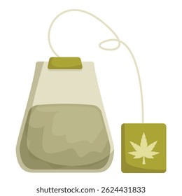 Bolsita de té que contiene hojas de marihuana secas y trituradas, que representa el concepto de bebidas con infusión de cannabis