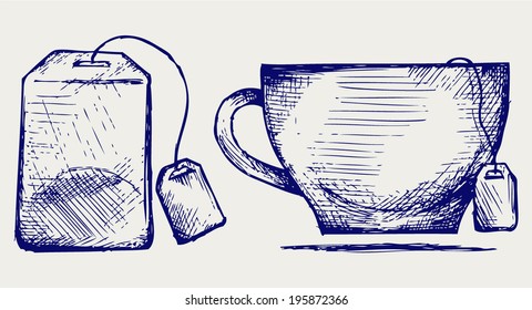 Tea bag and cup. Doodle style