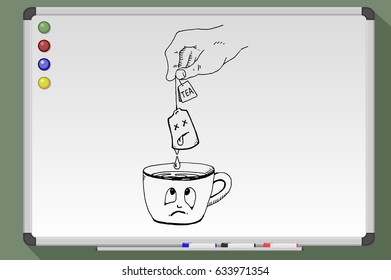 Tea bag in tea cup. Hand drawn sketch vector illustration on whiteboard
