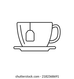Icono de estilo de línea de la bolsa de té y la taza, aislado en fondo blanco