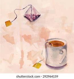 A tea bag and a tea cup on tea-stained distressed background, scalable vector graphic