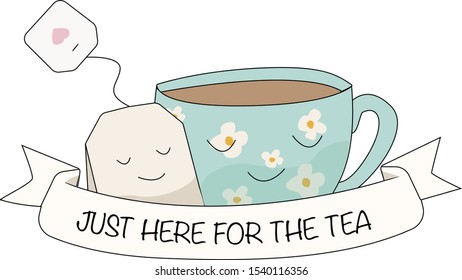 Tea bag and tea cup ralxing together vector. Cute tea illustration.