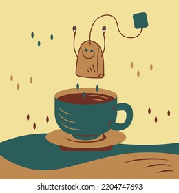 Tea and tea bag. A cute tea bag character joyfully jumps into a cup of tea on a saucer. Cartoon vector color illustration.