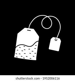 Tea bag dark mode glyph icon. Teabag with tag on string. Herbal drink preparation. Afternoon tea. Brew hot beverage. White silhouette symbol on black space. Vector isolated illustration