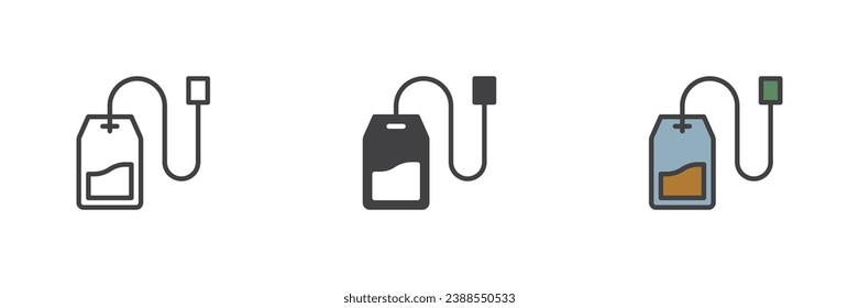Juego de iconos de diferentes estilos para bolsos de té. Línea, glifo y contorno relleno versión colorida, contorno y signo vectorial relleno. Símbolo, ilustración del logotipo. Gráficos vectoriales