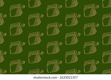 saco de chá gravando linha arte padrão sem emenda no fundo verde. retro chá bolsa eclosão padrão papel de parede fundo para produtos à base de ervas, plantação, supermercado, saúde bebida merchandise