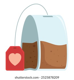 Bolsita de té llena de hojas de té y una etiqueta roja que muestra un corazón esperando para ser preparado