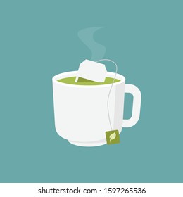 Tea bag green tea, hot teabag green tea and cup, flat design vector illustration