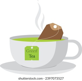 Tea bag green tea, hot teabag green tea and cup, flat design vector illustration