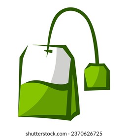 Tea bag with green tea. Illustration of traditional drink.