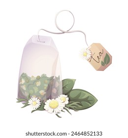 Tea bag with green loose tea with chamomile flowers. Illustration for tea shop, cafe, bar, party, tea ceremony, food concept. Vector illustration for  menu, poster, website, banner, flyer, cover