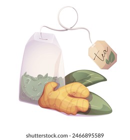 Tea bag with green loose tea with ginger. Illustration for tea shop, cafe, bar, party, tea ceremony, food concept. Vector illustration for  menu, poster, website, banner, flyer, cover