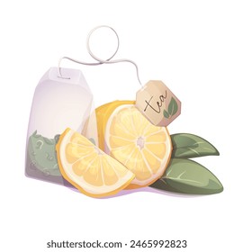 Tea bag with green loose tea with lemon. Illustration for tea shop, cafe, bar, party, tea ceremony, food concept. Vector illustration for  menu, poster, website, banner, flyer, cover