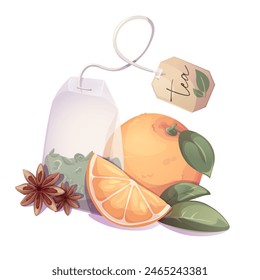 Tea bag with green loose tea with orange and star anise. Illustration for tea shop, cafe, bar, party, tea ceremony, food concept. Vector illustration for  menu, poster, website, banner, flyer, cover