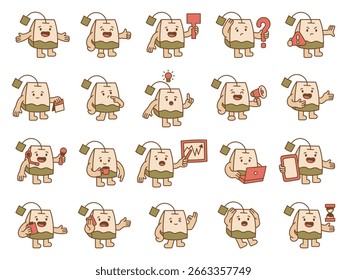 Tea bag guide character set showing various emotions, holding signs, pointing, teaching, thinking and explaining ideas for yours illustration and creative designs projects