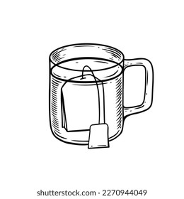 Té en una bolsa con un contorno de la mano dibujado en forma de ilustración vectorial aislado en fondo blanco.