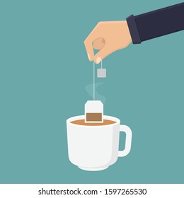 Tea bag, hand holding tea bag and dipping tea into a glass, flat design vector illustration