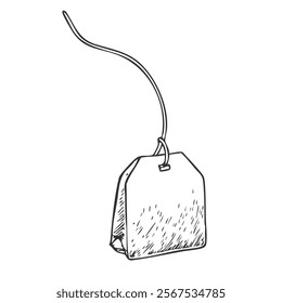 Tea Bag with Tea Hand-Drawn Vector, Graphic Style, Cartoon Illustration, Black and White, Sketch Style, Isolated on White Background