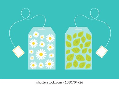 Tea Bag Herbal Chamomile Daisy Camomile Flower Mint, Spearmint Inside. Teabag Packaging With Label Icon Set. Top Wiew. Flat Design. Isolated. Green Background. Vector Illustration