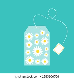 Tea bag herbal chamomile daisy camomile flower set inside. Teabag packaging with label icon. Top wiew. Flat design. Isolated. Green background. Vector illustration