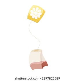 Tea bag herbal, paper tag with rope in cartoon style isolated on white background.