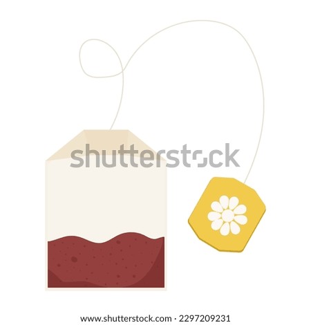 Tea bag herbal, paper tag with rope in cartoon style isolated on white background.