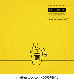 Tea bag icon. Natural hot drink sign. Breakfast beverage symbol. Speech bubble of dotted line. Orange background. Vector