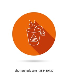 Tea bag icon. Natural hot drink sign. Breakfast beverage symbol. Round orange web button with shadow.