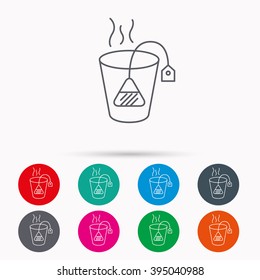 Tea bag icon. Natural hot drink sign. Breakfast beverage symbol. Linear icons in circles on white background.