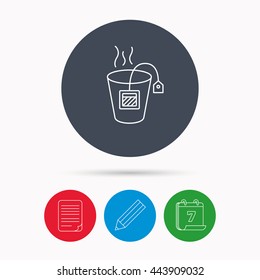 Tea bag icon. Natural hot drink sign. Breakfast beverage symbol. Calendar, pencil or edit and document file signs. Vector