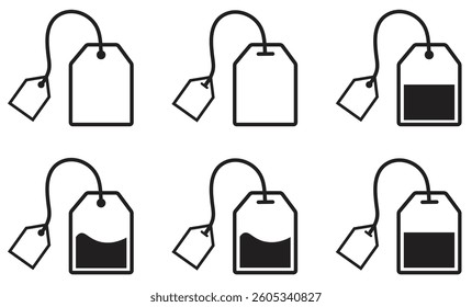 Tea bag icon set showing outline and filled styles with string and tag variations.