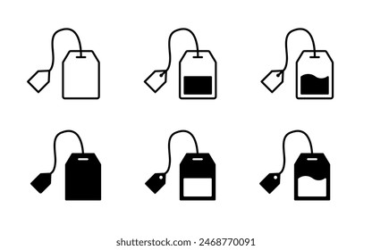 Tea bag icon set. Teabag vector symbol. Herbal drink packaging label isolated illustration.