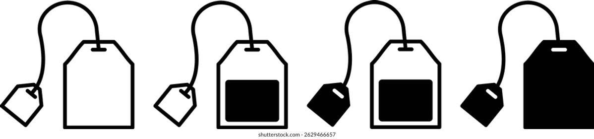 Conjunto de ícones de saco de chá. Símbolo do vetor Teabag. um conjunto de quatro tipos diferentes de saco de chá com formas diferentes. Ilustração isolada de rótulo de embalagem de bebida de ervas.
