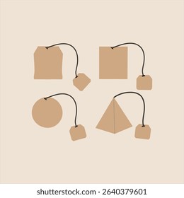 Tea bag icon set. Teabag vector symbol. a set of four different types of Tea bag with different shapes. Herbal drink packaging label isolated illustration.