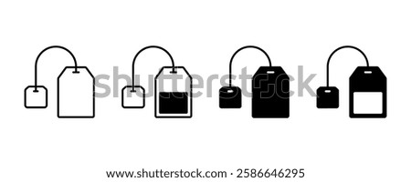 Tea bag icon set. Teabag symbol. Herbal drink packaging label.