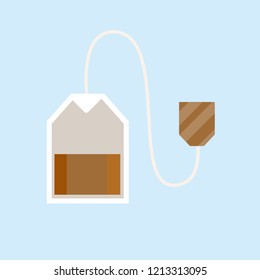 Tea bag. Instant drink with brown label. Cartoon flat illustration