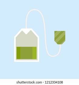 Tea bag. Instant drink with green label. Cartoon flat illustration
