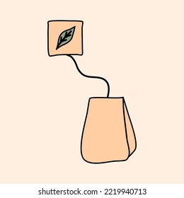 Bolsa de té con etiqueta, estilo doodle vector plano